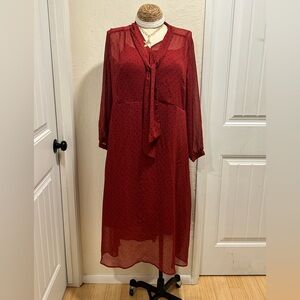 EVRI Burgundy Tie-Neck Midi Dress